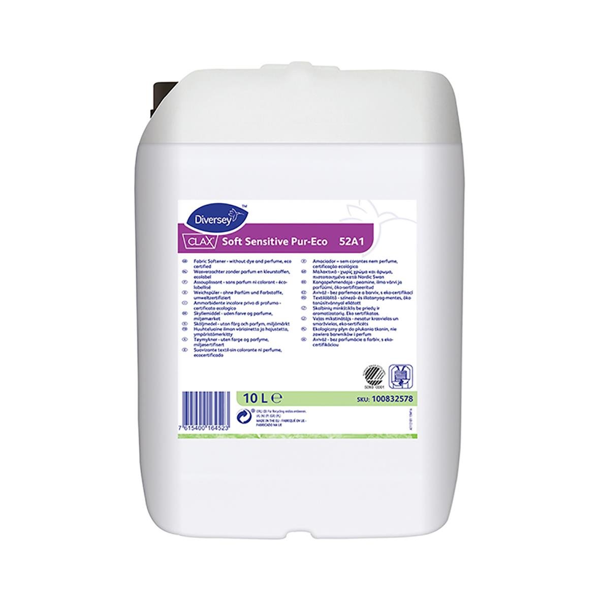 Sköljmedel Diversey Clax Soft Sensitive Pur-Eco 52A1 10L i vit dunk