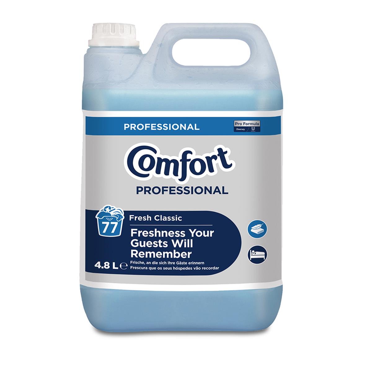 Sköljmedel Comfort Fresh Classic Professional 4,8L i en stor blå behållare