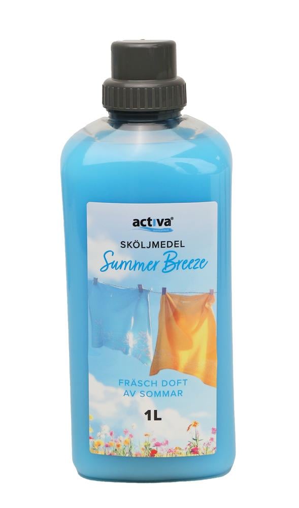 Blått sköljmedel Activa Summer Breeze 1L med bild av tvättlinor och kläder