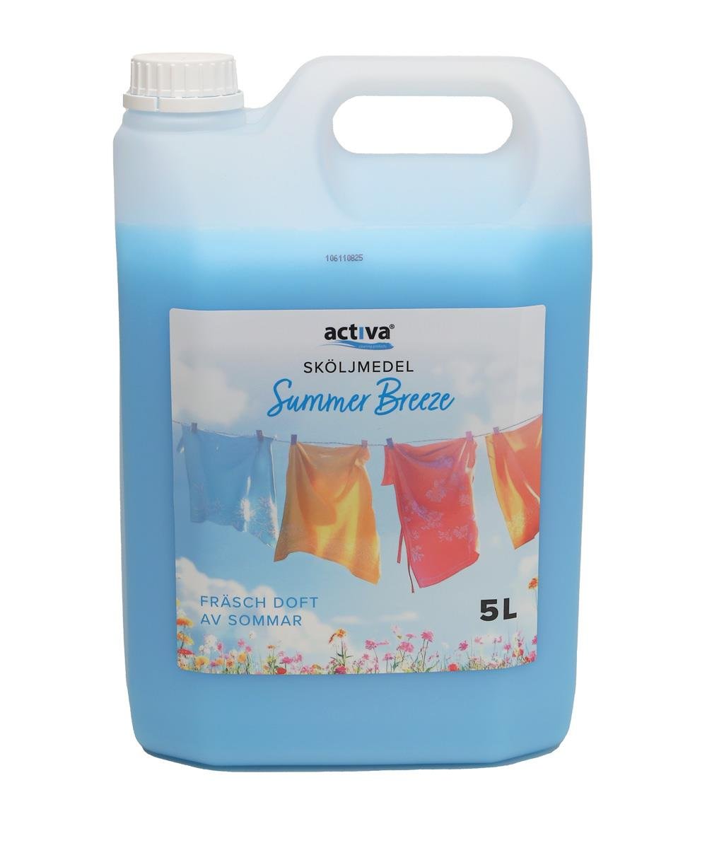 Sköljmedel Activa Summer Breeze 5L i blått plastkannor med tvättlinor och kläder
