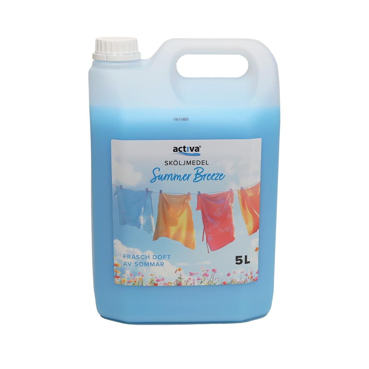 Sköljmedel Activa Summer Breeze 5L i blått plastkannor med tvättlinor och kläder