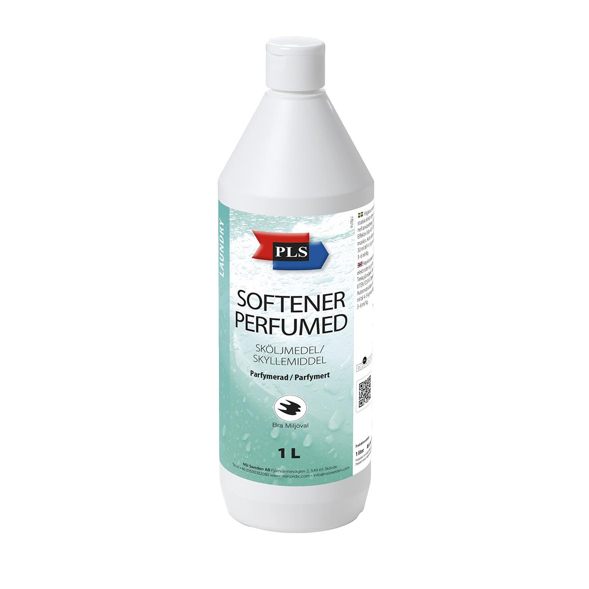 Vit plastflaska med PLS Softener parfymd sköljmedel 1L