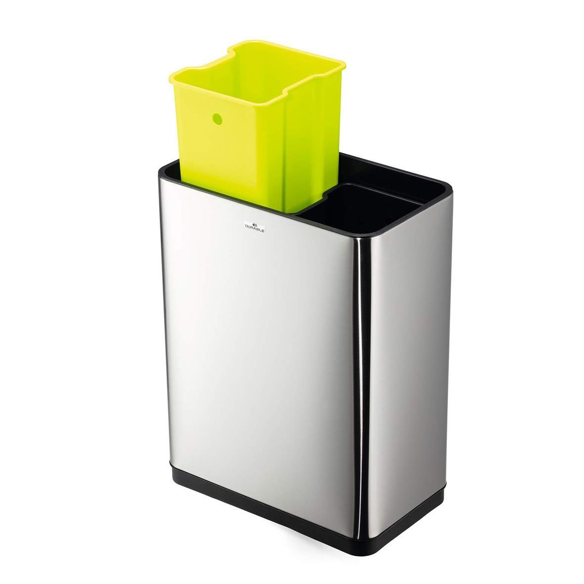 Duo silver papperskorg med touchfri sensorstyrning och två 20L behållare, med en grön papperskorg inuti