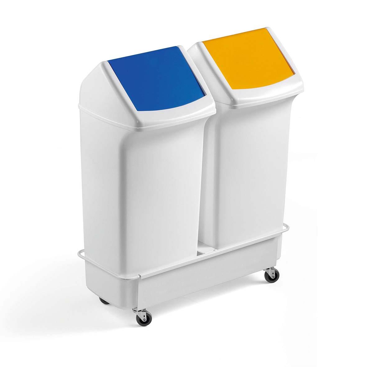 Vagn med två soptunnor, en blå och en gul, på hjul för enkel flyttning