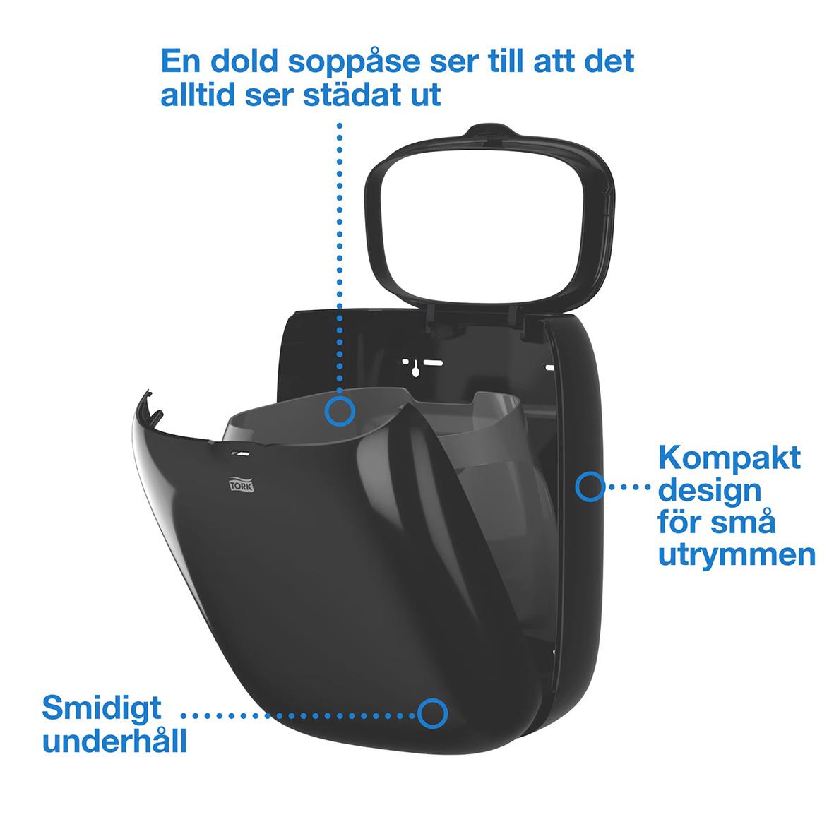 Svart Tork B2 papperskorg med kompakt design och smidigt underhåll, 20L kapacitet, syns tydligt i öppen position