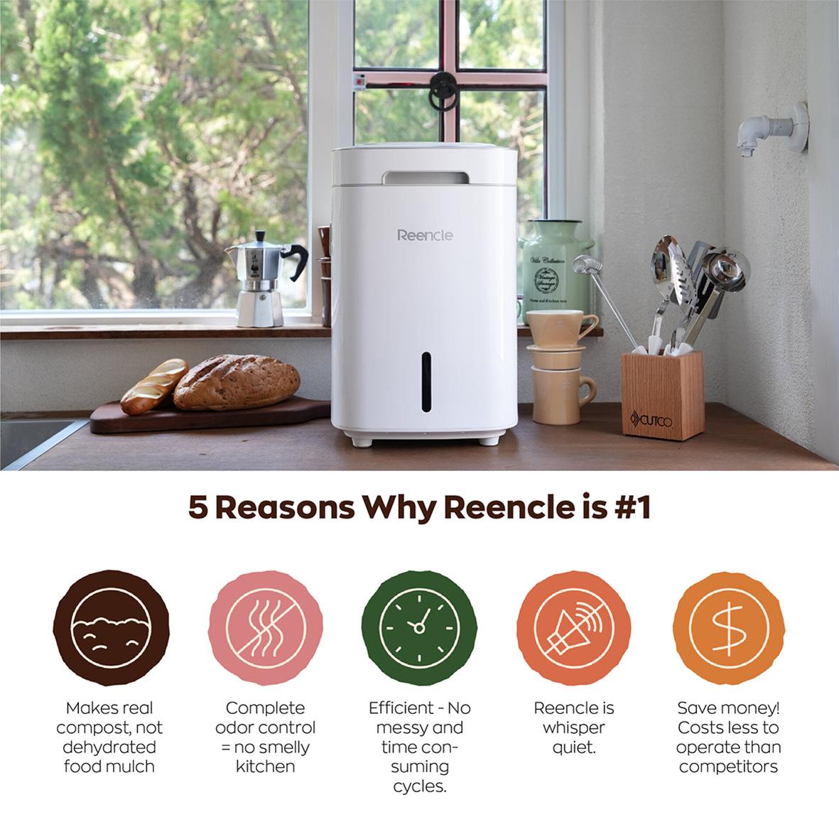 Vit kompostmaskin Reencle Prime på köksbänk med bröd och köksredskap, utomhusfönster i bakgrunden