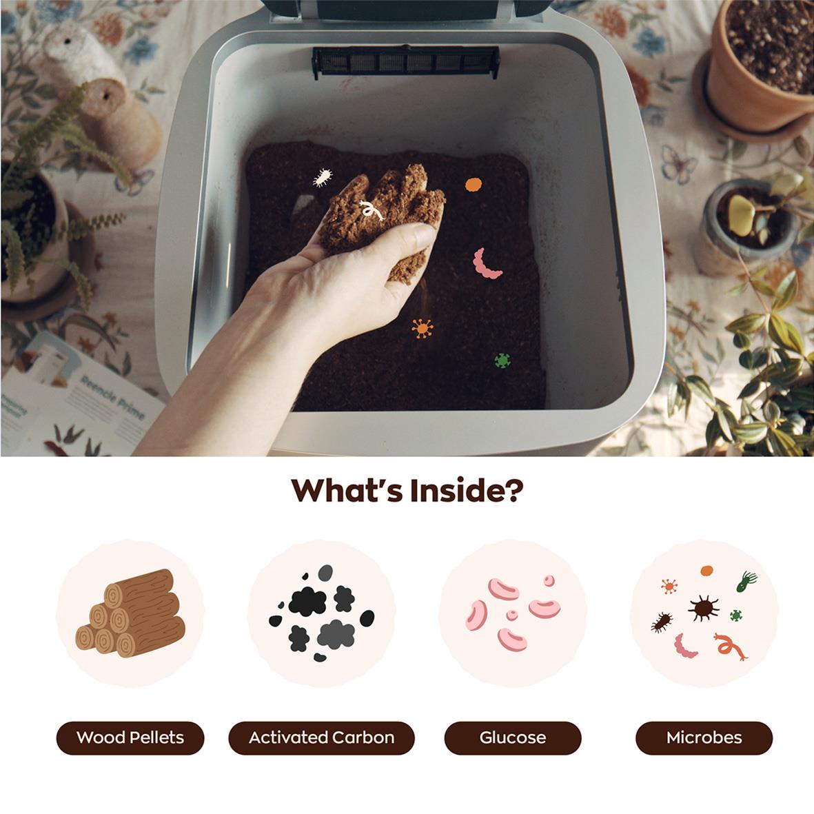Kompostbehållare med träpellets, aktiverat kol, glukos och mikrober för biologisk nedbrytning