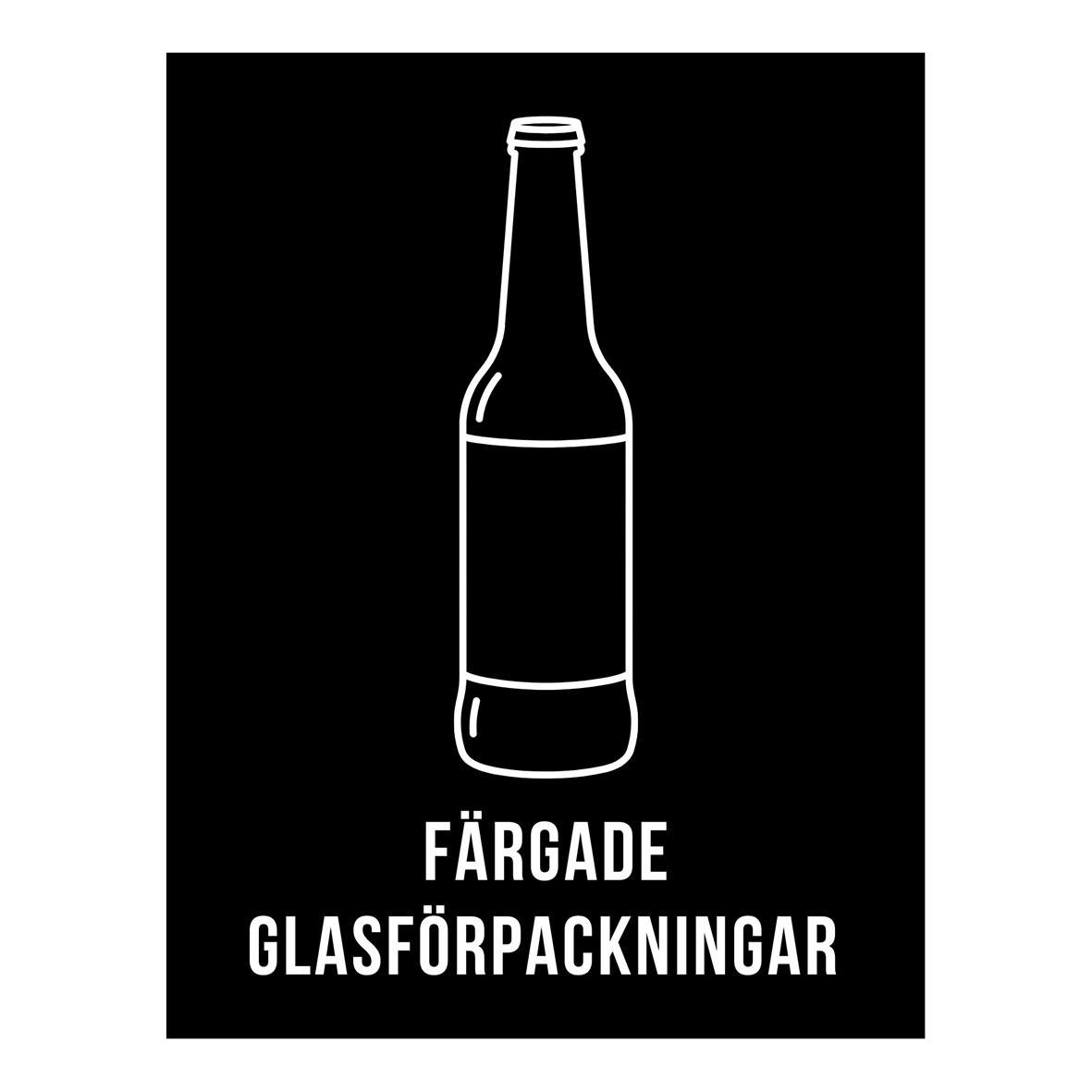 Svart bakgrund med vit linjeteckning av en ölflaska och texten färgade glasförpackningar