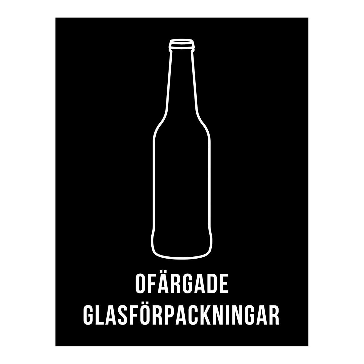 Svart och vitt tecken med en ölflaska och texten Ofärgade glasförpackningar