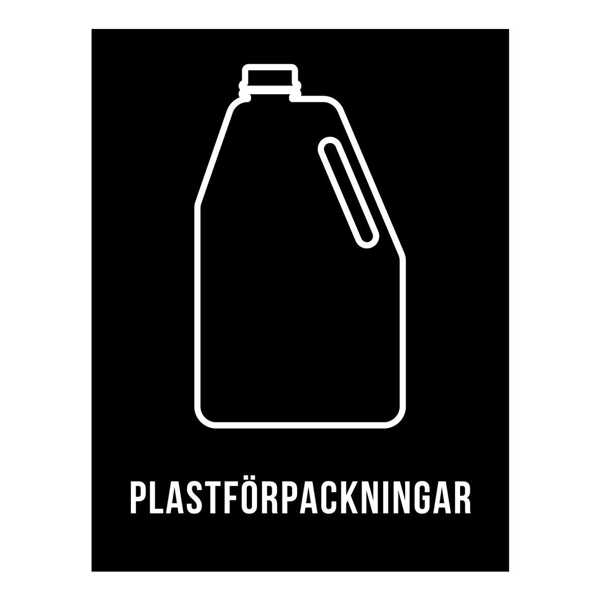 Illustration av en plastflaska för återvinning med texten plastförpackningar