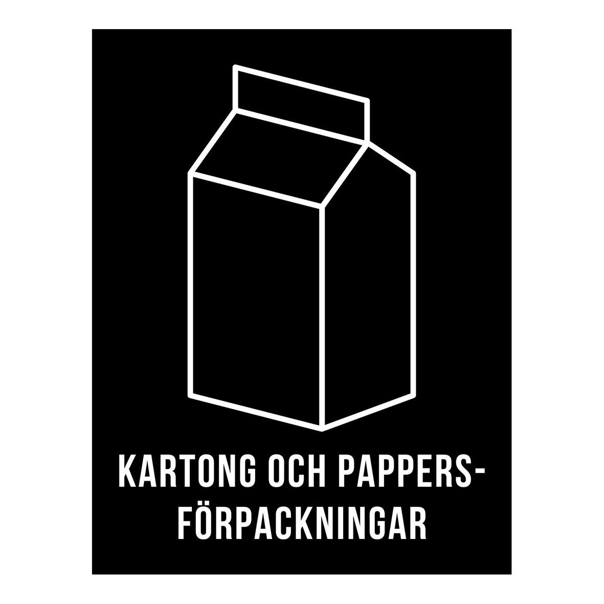 Illustration av en kartong och pappersförpackningar i vitt på svart bakgrund med text