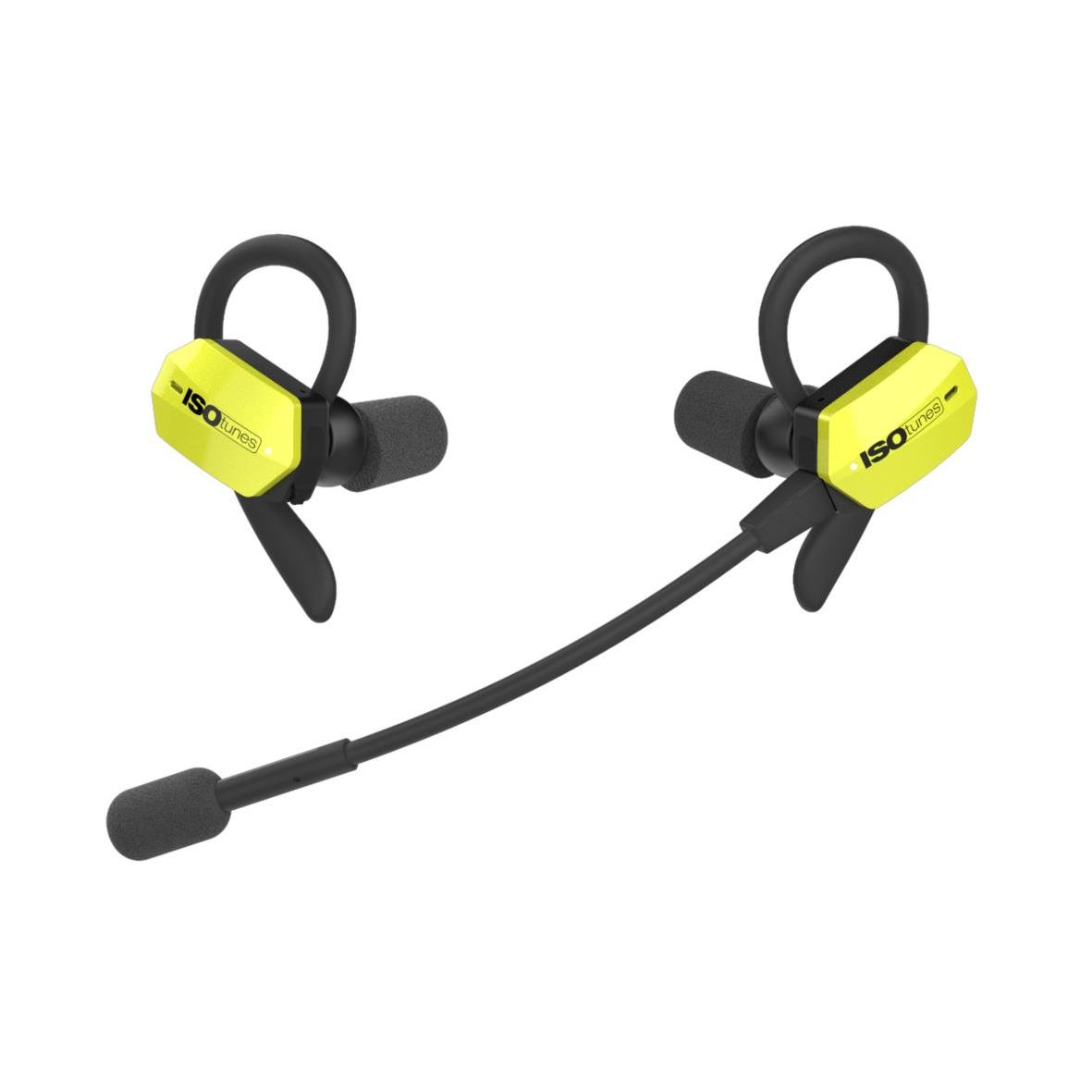 Hörselpropp Isotunes Ultracomm Aware BT trådlösa in-ear hörselproppar med mikrofon och svart och gul design