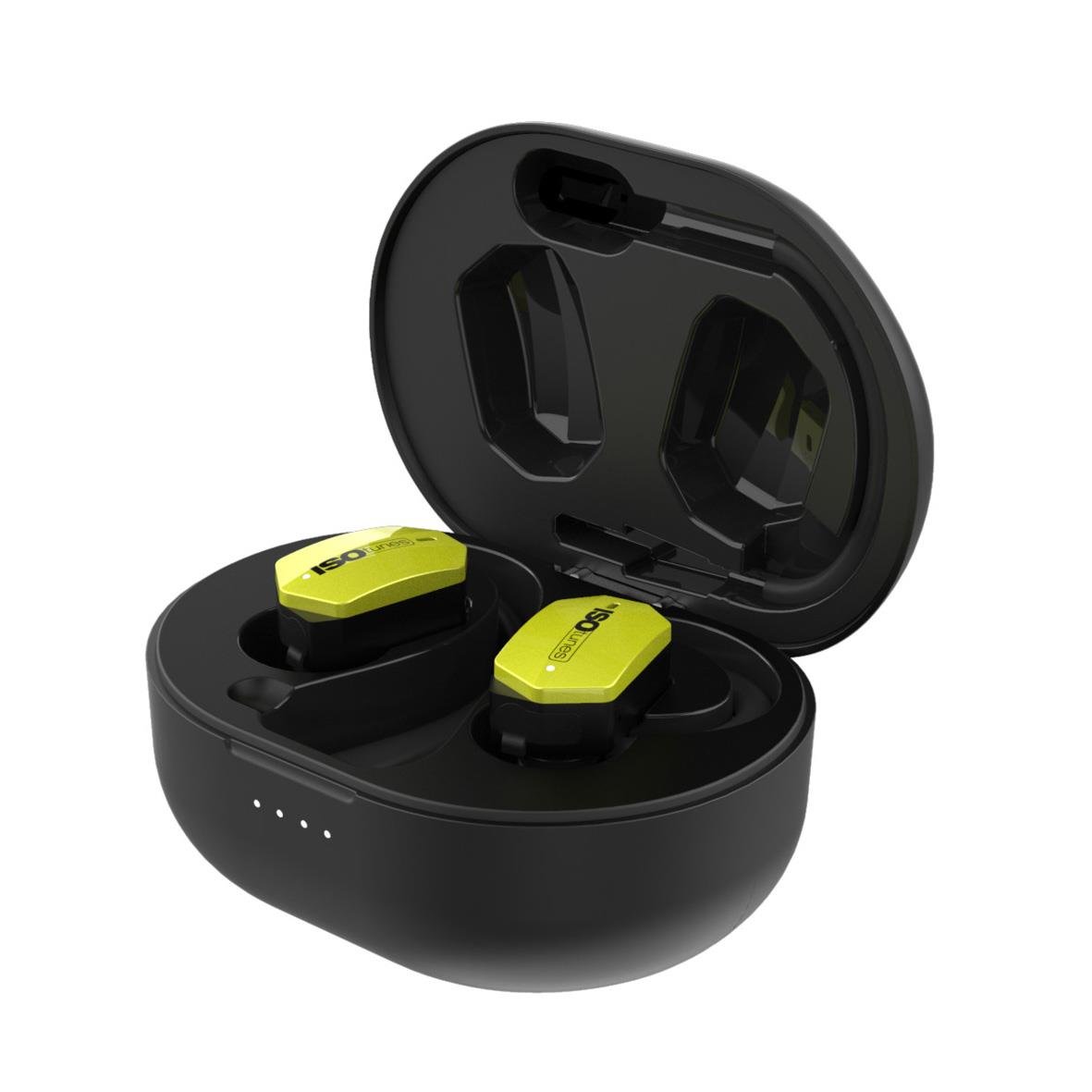 Svarta trådlösa hörselproppar i laddningsfodral med gula detaljer