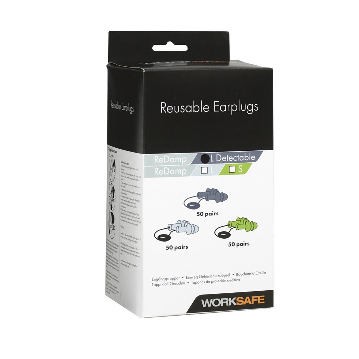 ReDamp återanvändbara hörselproppar i förpackning med 50 par, metalldetektbara och snöre för WorkSafe