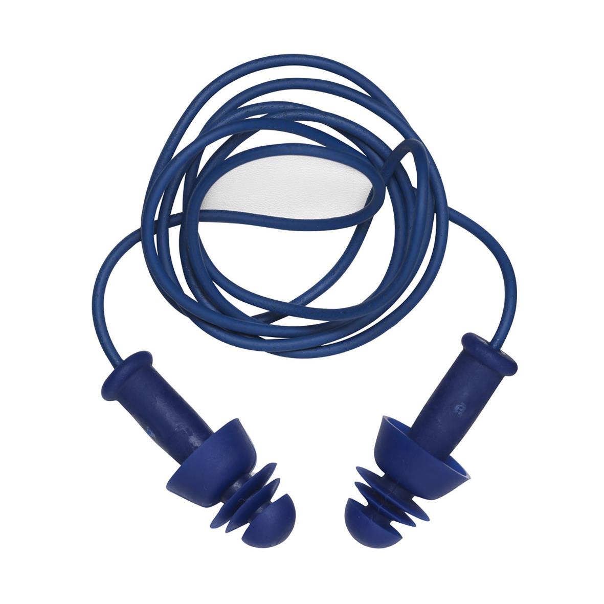 Blå hörselproppar med snöre och metallldetektbar design