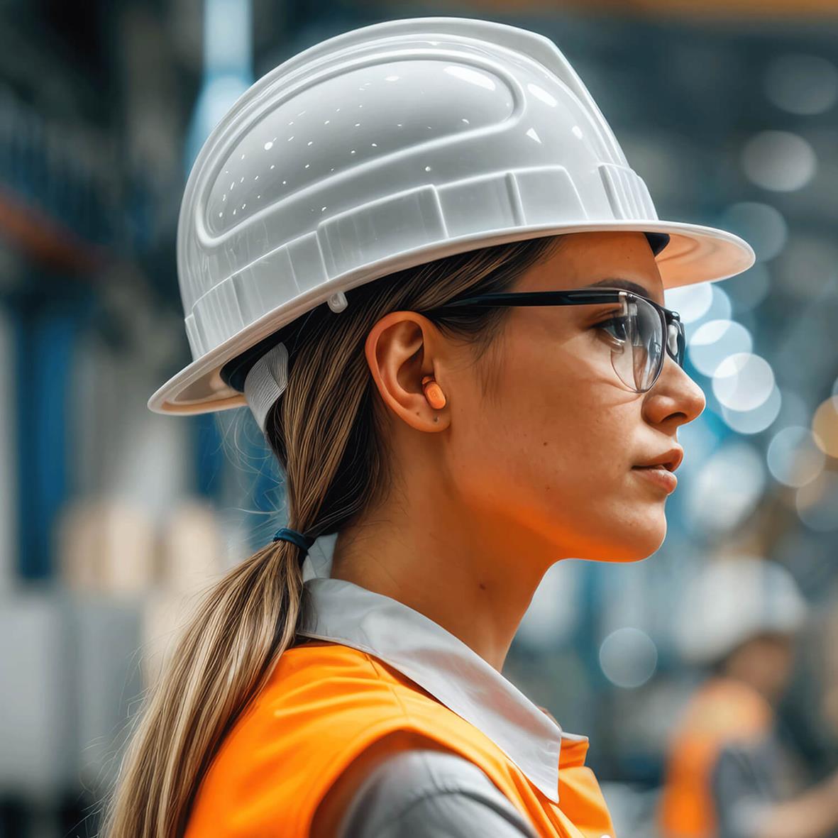 Kvinna i skyddshjälm och hörselskydd på industriarbetsplats