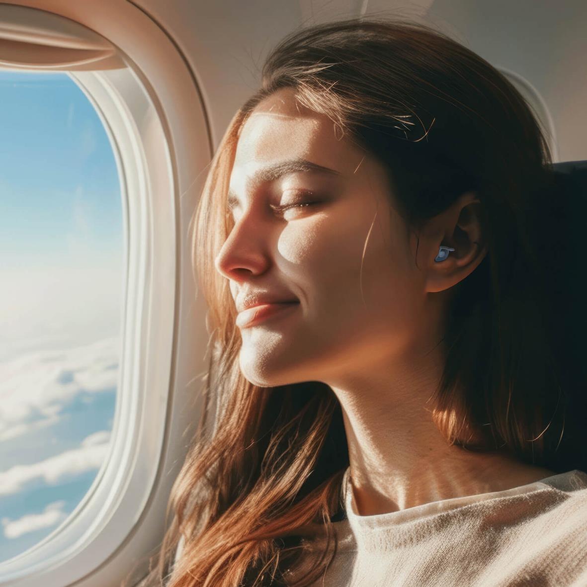 Kvinna med hörselskydd som njuter av flygplansresa med utsikt över moln