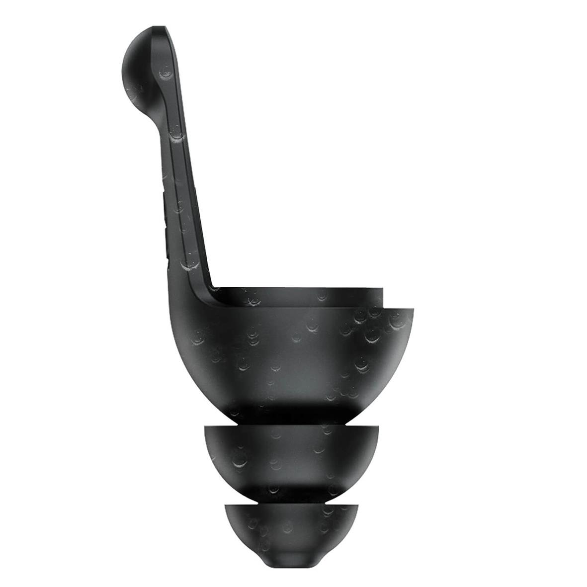 Svart öronpropp med tre storlekar och en liten skopa för musik och bullerskydd