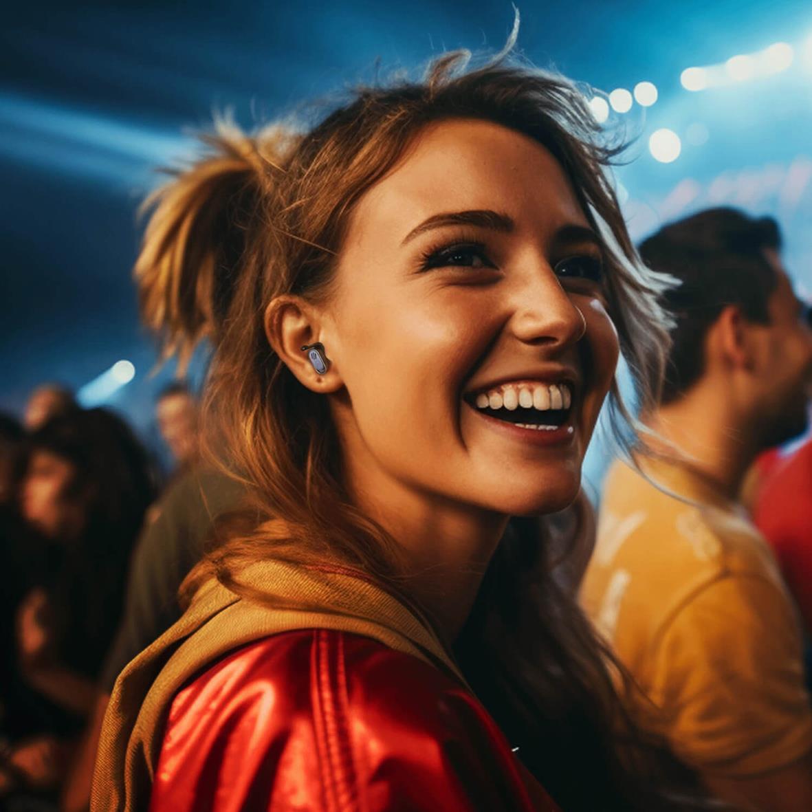 Ung kvinna skrattar på musikfestival med hörlurar och färgglada kläder i ett livligt konsertscenario