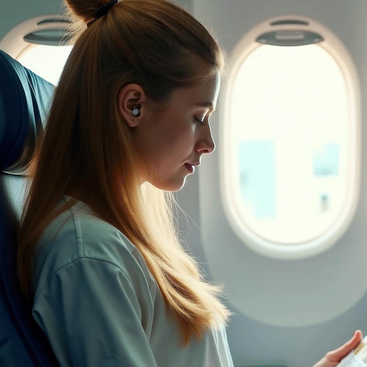 Kvinna med hörselskydd Mixx Noise Protection adaptiv justerbar på flygplan