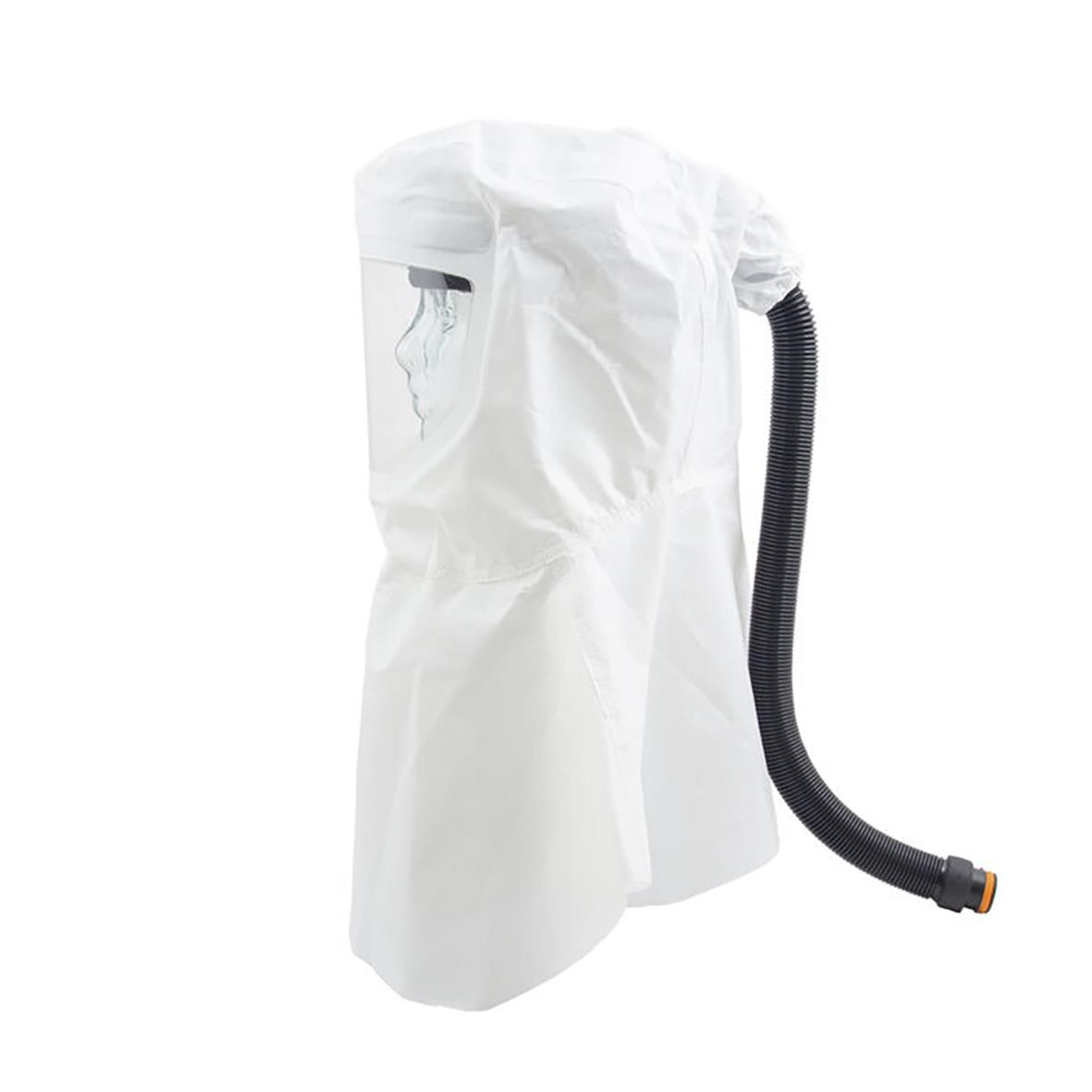 Vit skyddsoverall med ansiktsmask och sugslang