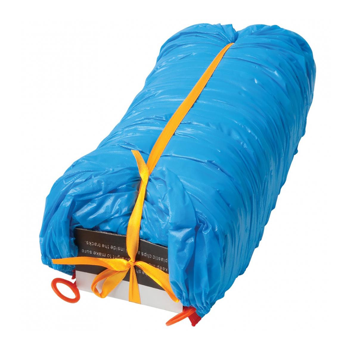 Skoskydd i blått med orange och gul tejp för skoskyddsmaskin