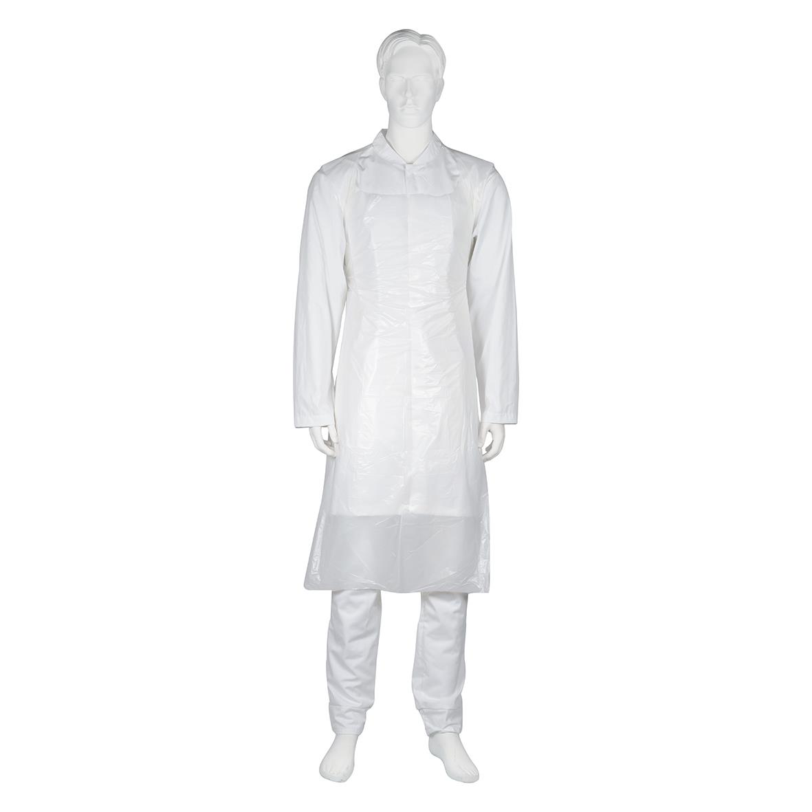 Engångsförkläde i vit LDPE 20my, 80x125cm, på person