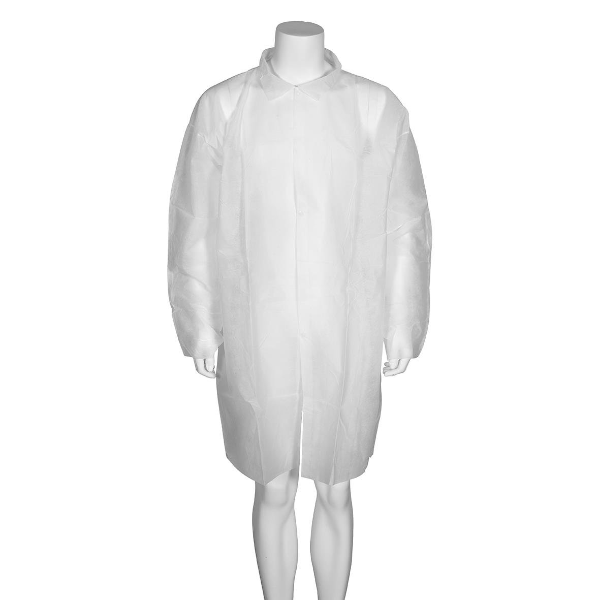 Vit skydds-/besöksrock av nonwoven material 25my, storlek S/M, 72x100cm