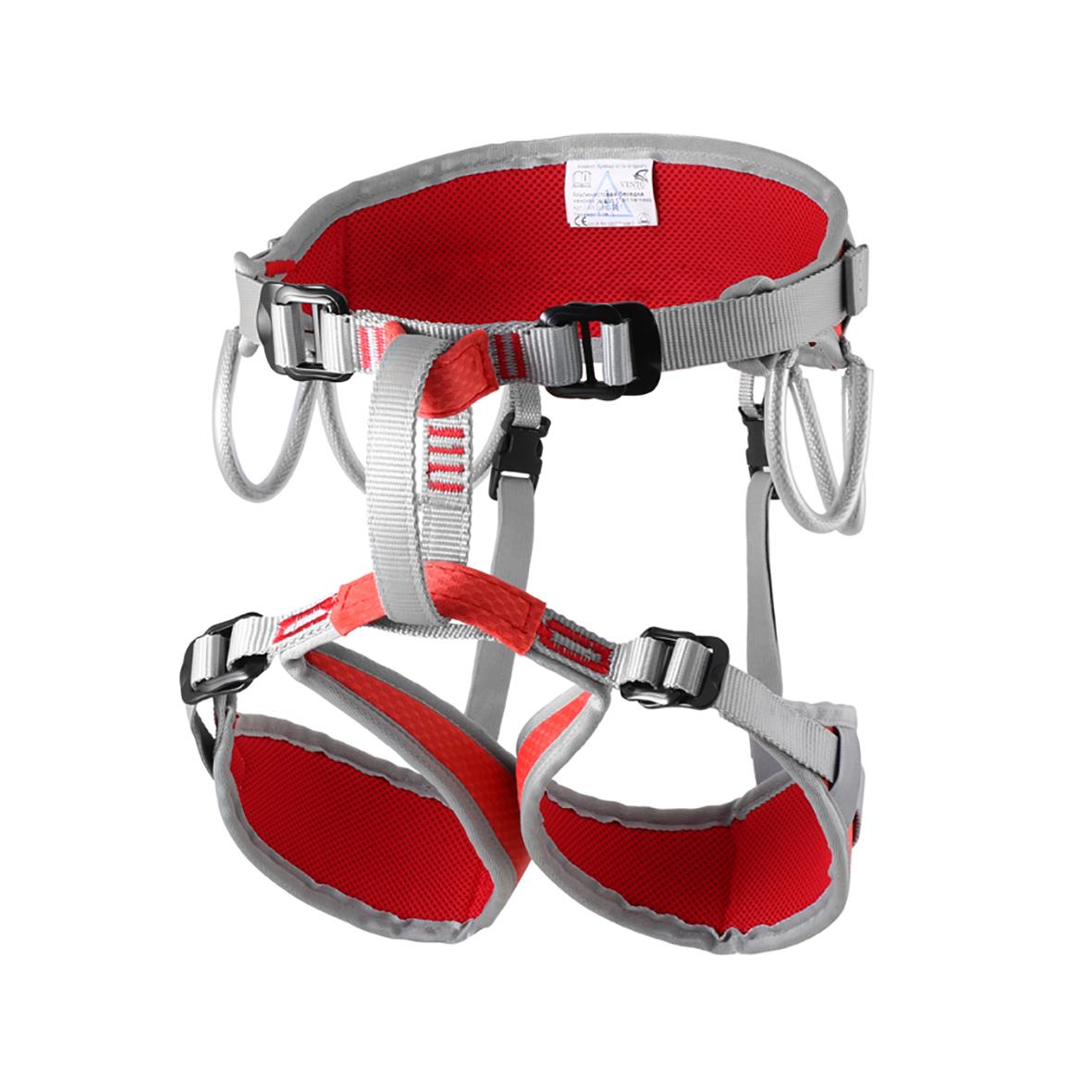 Klättersele Argon F One Size med röd och grå design, justerbara remmar och säkerhetsklämmor
