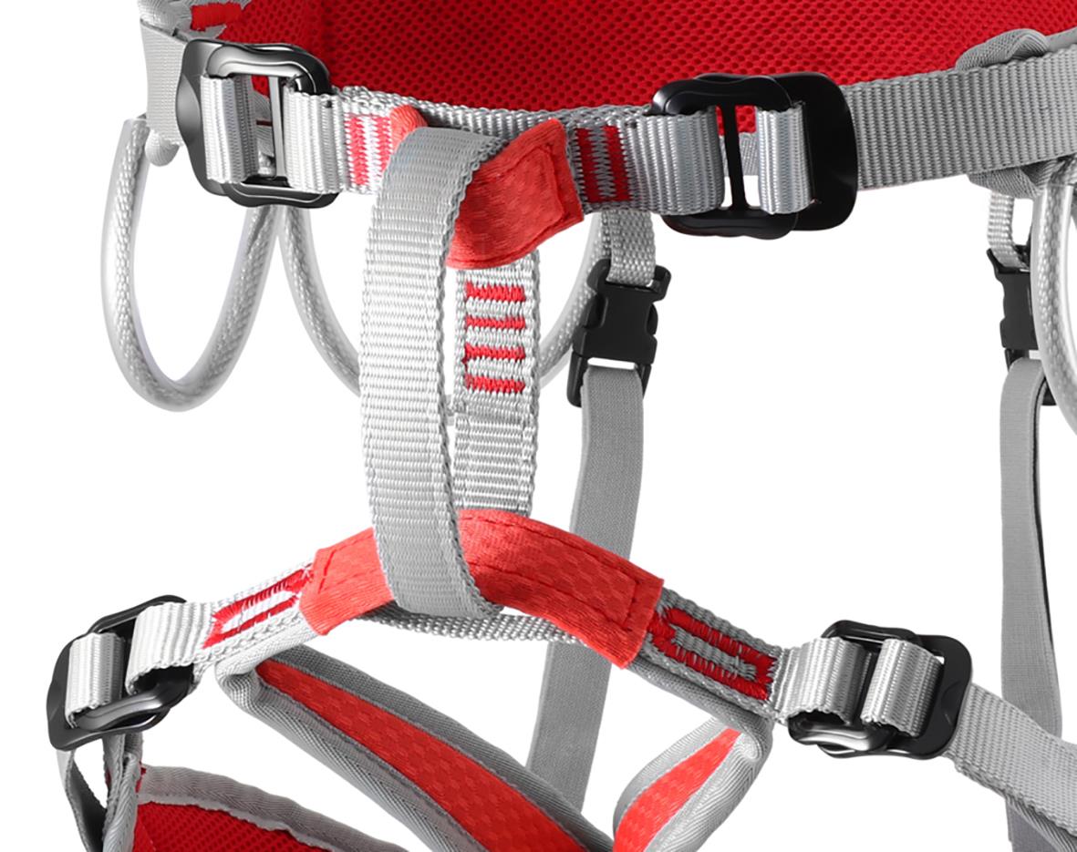 Klättersele Argon F One Size i rött och grått med justerbara remmar och spännen