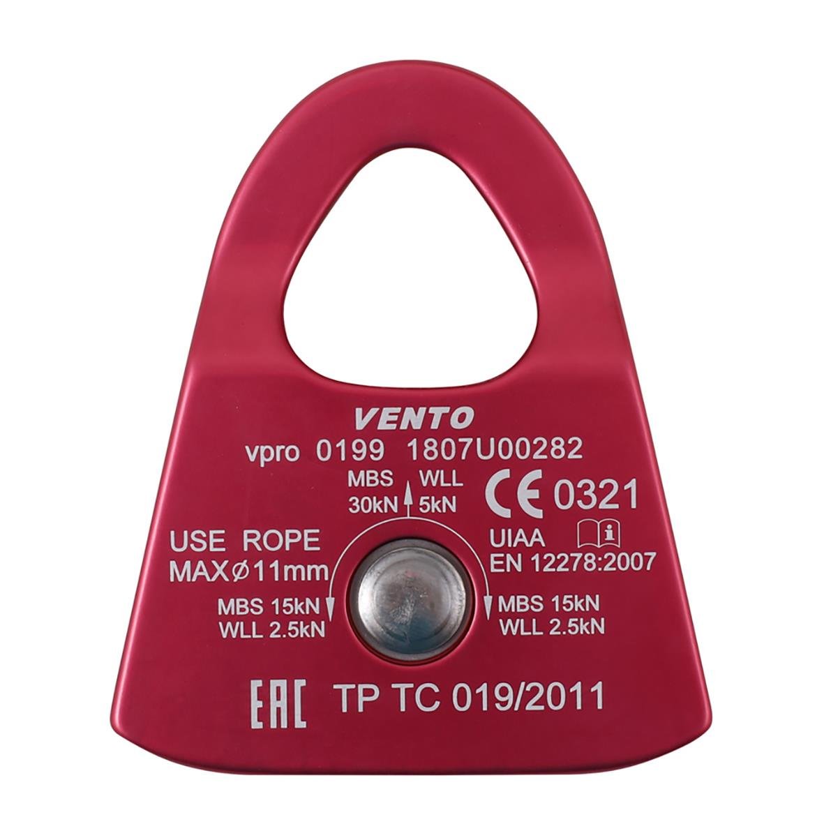 Röd Repblock Solo V2 med VENTO-märke och säkerhetsinformation
