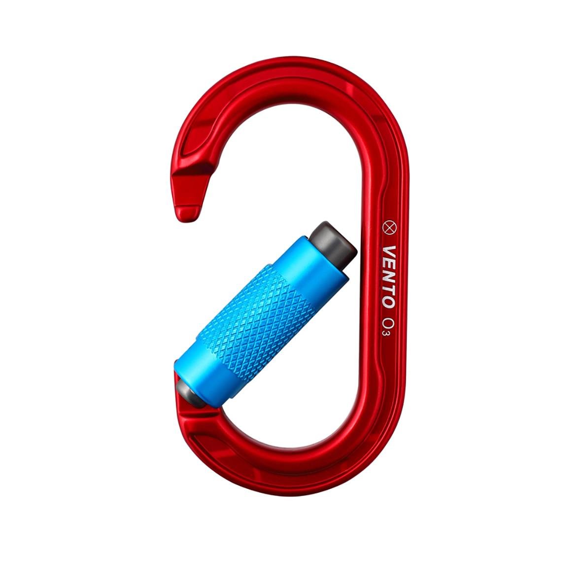 Röd lås-karbin med blå låsdel och text Ventto 03