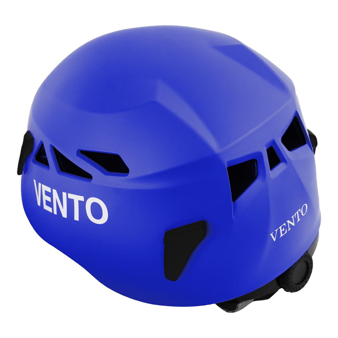 Blå klätterhjälm av modell Quasar Blå med ventilationshål och VENTO-märke