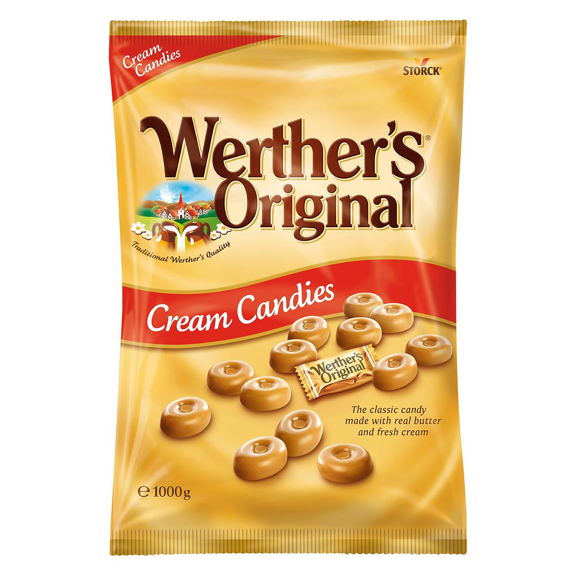 Förpackning av Werther's Original karameller i 1000g med krämfärgade godisar och röd etikett