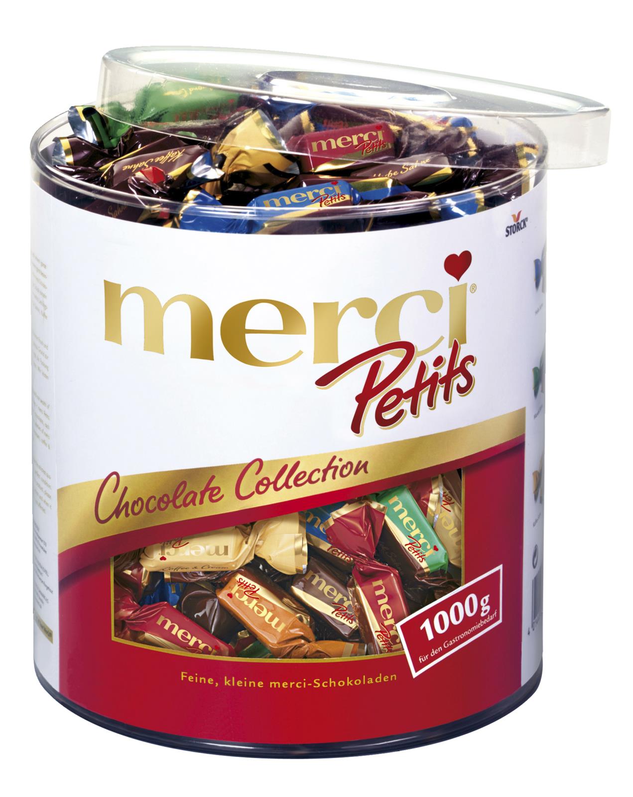 Rund burk med Merci Petits choklad i olika färger och förpackningar, 1000g