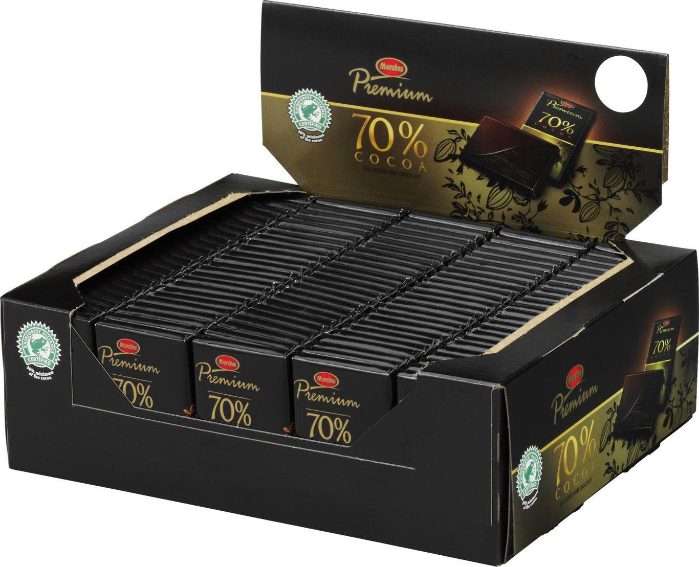 Förpackning med mörk choklad Marabou Dark 70% i 10g bitar