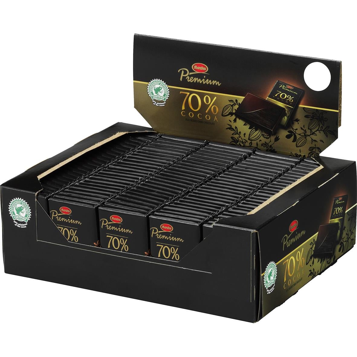 Förpackning med mörk choklad Marabou Dark 70% i 10g bitar
