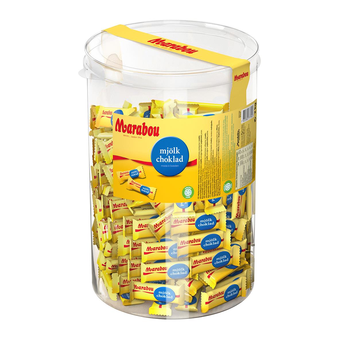 Stor cylinder med 2000g Marabou mjölkchoklad i små förpackningar
