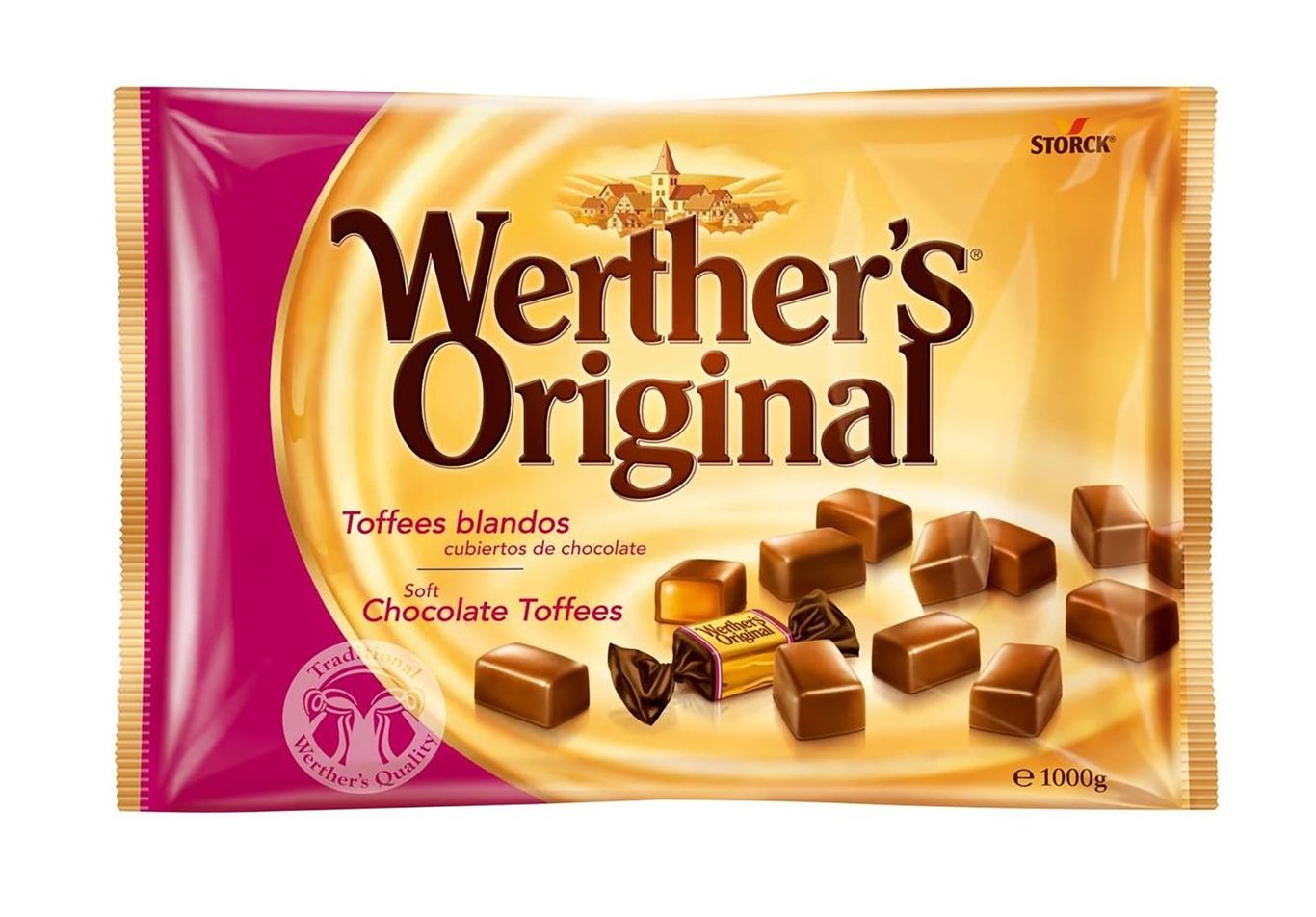 Förpackning med Werther's Original Choco Toffees 1000g, mjuka chokladtoffees
