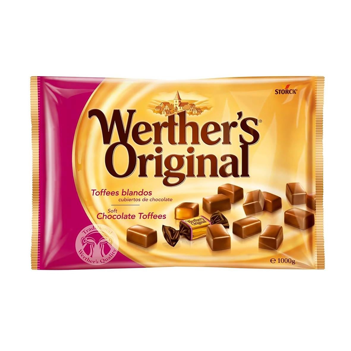 Förpackning med Werther's Original Choco Toffees 1000g, mjuka chokladtoffees