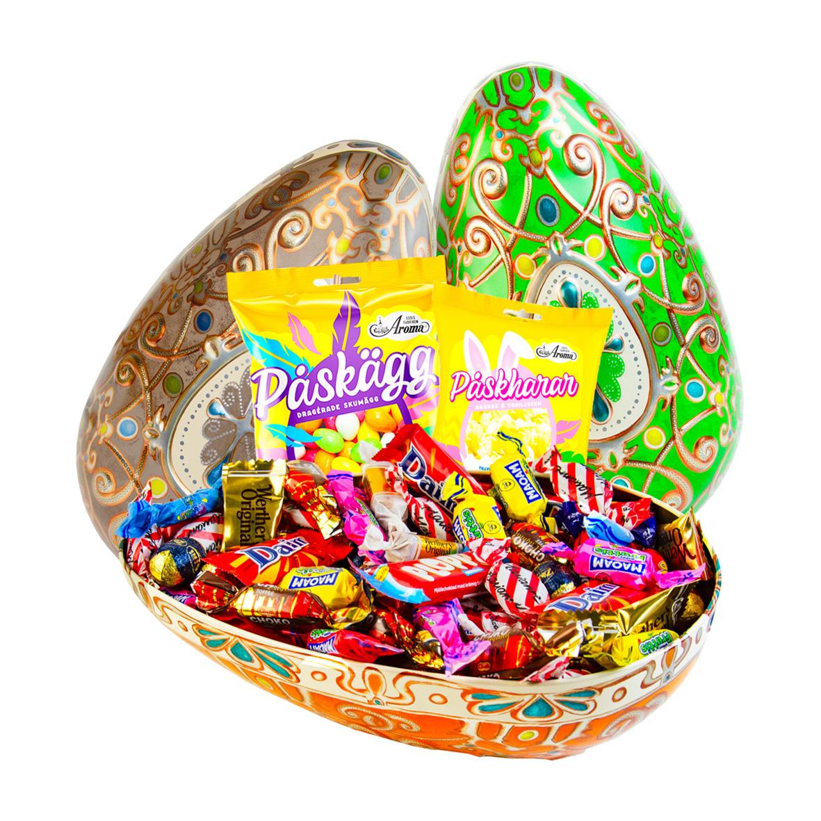 Påskägg Fabergé med 750g godis och två stora dekorativa ägg i påsktema