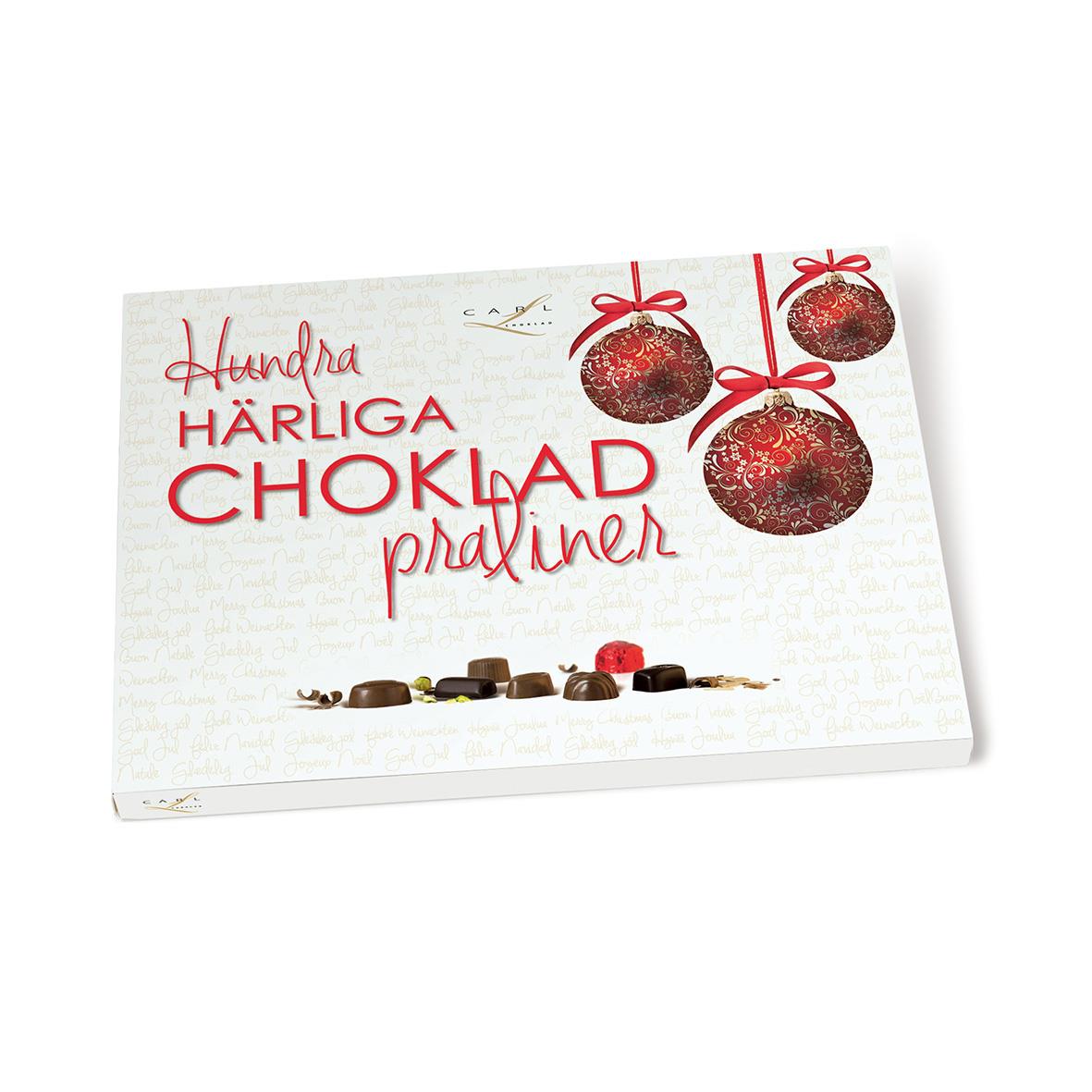 Choklad Hundra Härliga Praliner 860g box med chokladpraliner och juldekorationer