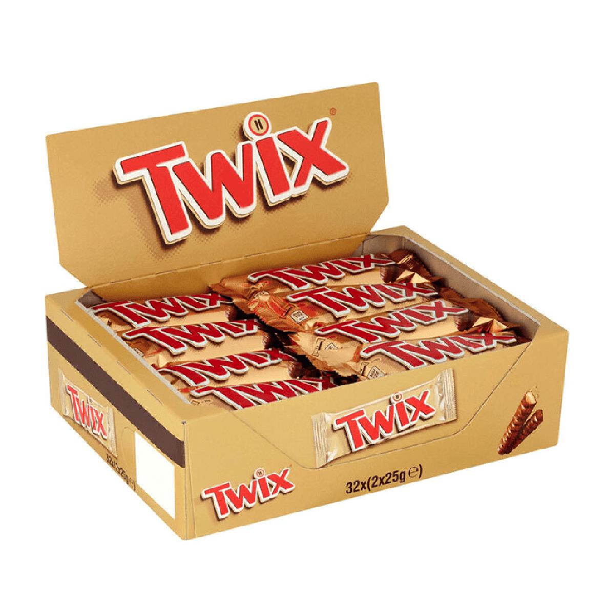 En öppen box med Twix chokladkakor i 50g förpackningar, varje med Twix-logga på.