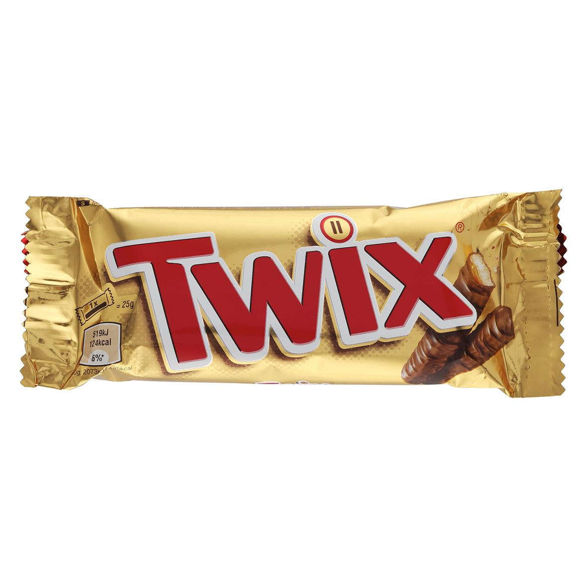 Choklad Twix i guldigt förpackning med bild av chokladstavar