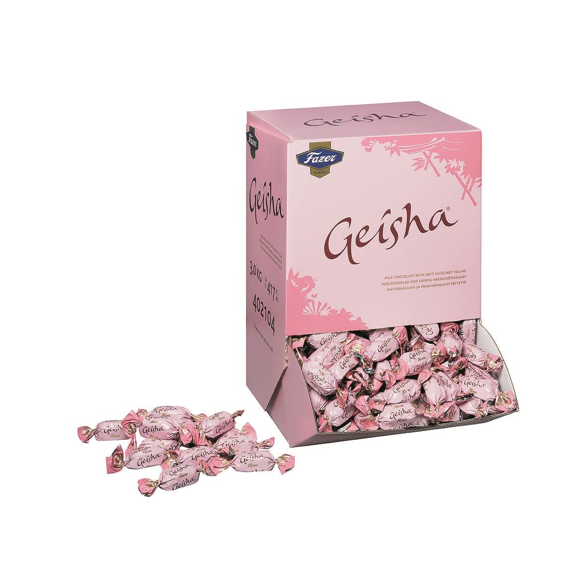 Fazer Geisha choklad i rosa förpackning med lösvikt avskalat godis