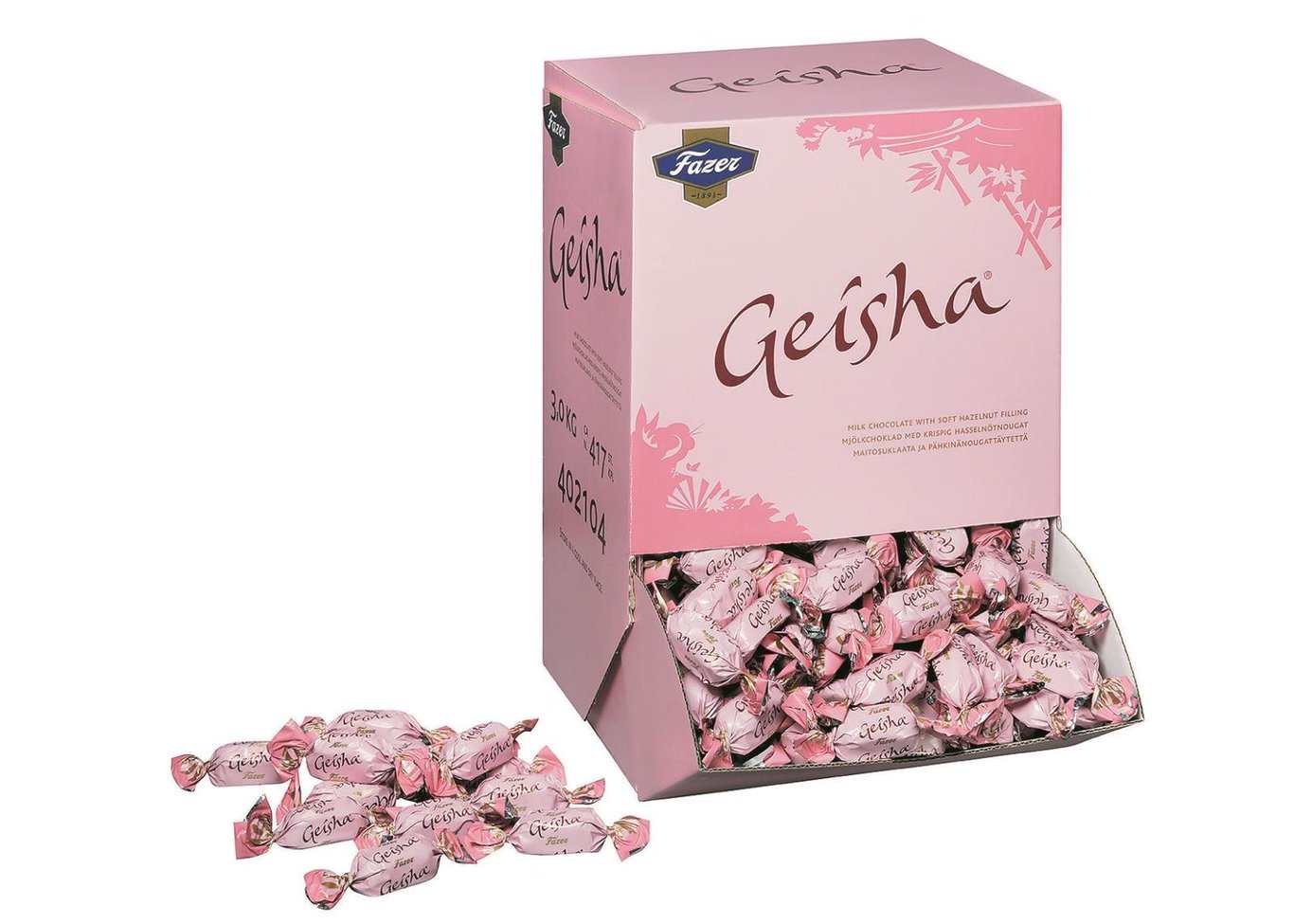 Fazer Geisha choklad i rosa förpackning med lösvikt avskalat godis