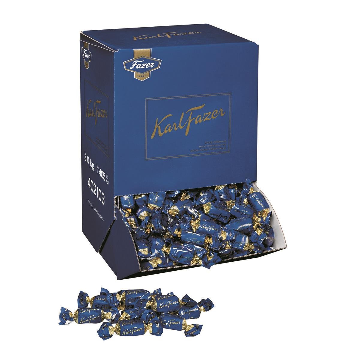 Stor blå kartong med Fazer Karl Fazer choklad, 3 kg, med många små chokladgodisar i blå och guldpapper