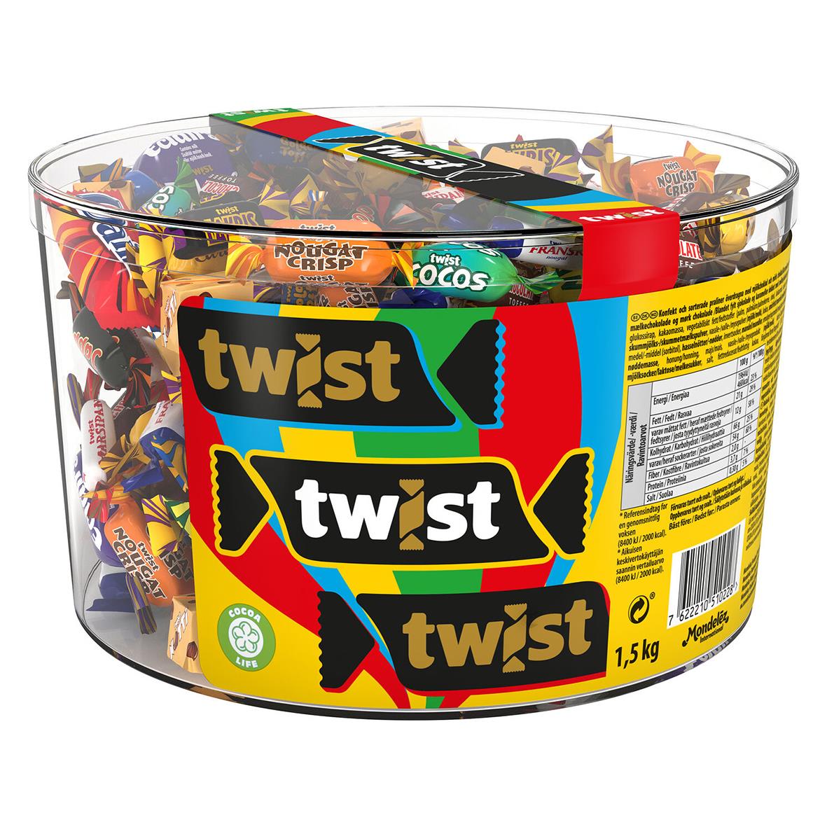 Stor rund burk med olika chokladgodis, märkt twist, 1500g