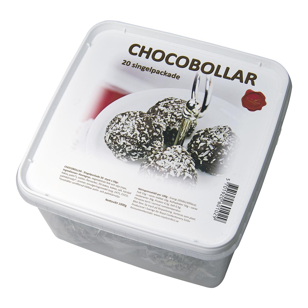 Chokladbollar i plastburk med 20 singelpaket, pudrade med kokos