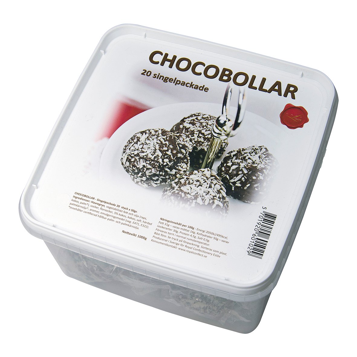 Chokladbollar i plastburk med 20 singelpaket, pudrade med kokos